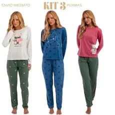 Kit 3 Pijamas Feminino Inverno Frio P ao GG Conjunto Longo Manga Comprida Promoção Barato