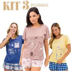 Kit com 3 Pijamas Femininos Verão Tecido Leve Confortável Short E Blusa