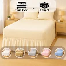 Kit Saia Box e Lençol Solteiro Casal Queen Size Faixa Gringa Ajustável Toque Macio 400 fios
