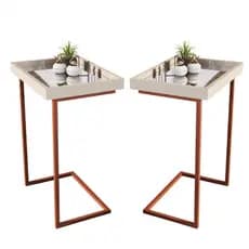Kit 2 Mesa Lateral De Apoio Com Espelho E Pé De Aço Perola Bronze Elegante