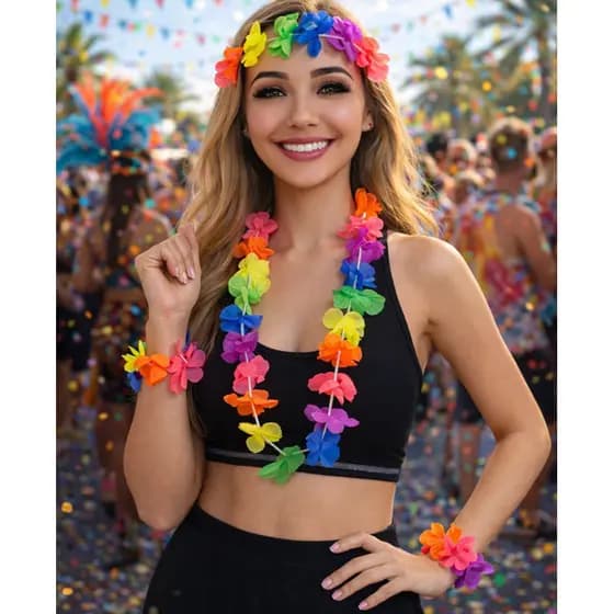 Kit fantasia Havaiana Completo – Colar + Tiara + 2 Pulseiras de Flores Coloridas