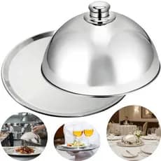 Tampa Para Alimentos 32cm Aço Inox + Bandeja Servir Cúpula Servir Cloche Cromado Brilhante Proteger