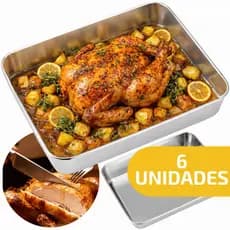 6 Bandeja Lisa Assadeira Alta Retangular Aço Inox Forno 35cm Funda Assar Forno Baixela Resistente