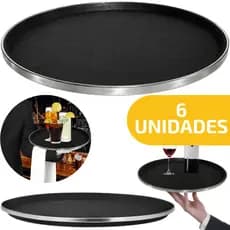 6 Bandeja Redonda Garçom Antiderrapante Emborrachada C/Borda Inox 40cm Servir Transportar Bebidas