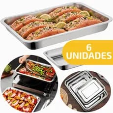 6 Forma Assadeira Aço Inoxidável Retangular 32x22Cm Forno Assar Bolo Gratinar Estufa Salgados Torta