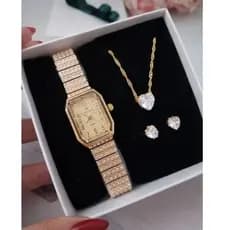 ​Relógio Feminino À Prova D'água Dourado Luxo Quadrado Cravejado + Kit Conjunto Colar Brinco Coração Cristal Presente