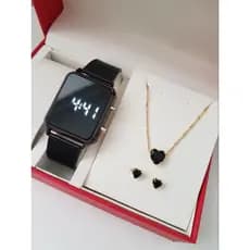 Relógio Preto Feminino Quadrado LED Pulseira Milanesa + Semijoia Corações Pretos. Combo Estiloso Promoção
