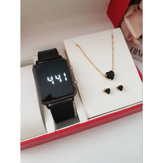 Kit Luxo Feminino: Relógio Digital LED Preto Pulseira Milanesa + Colar e Brinco Coração Folheado