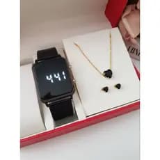 Kit Luxo Feminino: Relógio Digital LED Preto Pulseira Milanesa + Colar e Brinco Coração Folheado