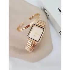 Kit Joias: Relogio Feminino com Bracelete Folheado Dourado Aço Inox Original