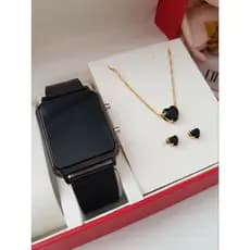 Kit Feminino Relógio Digital LED Preto Milanesa + Conjunto Folheado Coração. Presente Luxo Mulheres Oferta