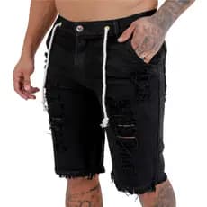 Bermuda Masculina Jeans Preta Destroyed Rasgada Com Cordão Premium KDÊ Fashion Oficial