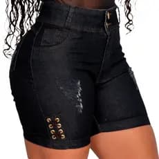 Short Jeans Feminino Cintura Alta Pedal com Ilhós, KDÊ Fashion Oficial