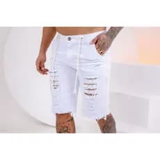 Bermuda Jeans Masculina Branca Destroyed Com Elastico E Cordao Premium KDÊ Fashion Oficial
