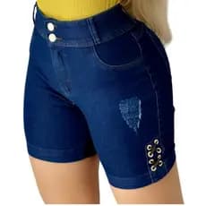 Short Jeans Feminino Ilhós Azul Escuro Com Lycra Cintura Alta Casual KDÊ Fashion Oficial