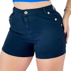 Short Jeans Feminino Preto Detalhes Botões Dourados Cintura Alta KDÊ Fashion Oficial