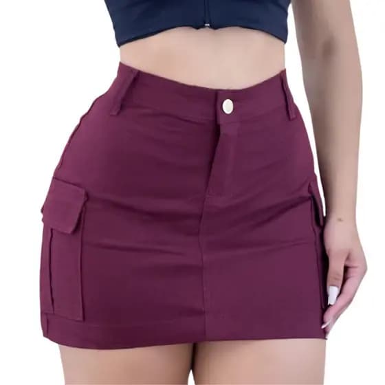 Saia Jeans Feminina Cargo Cintura Alta com Lycra, KDÊ Fashion Oficial