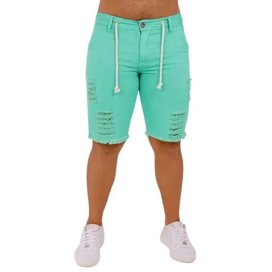 Bermuda Jeans Masculina Lavagem Ciano detalhes destroyed, KDÊ Fashion Oficial