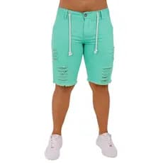Bermuda Jeans Masculina Lavagem Ciano detalhes destroyed, KDÊ Fashion Oficial