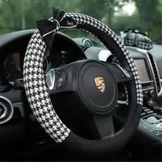 Capa para volante de carro, capa de algodão com padrão pied-de-poule e laço, acessório universal para interior de carro