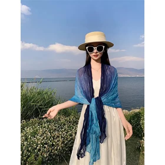 Lenço vintage com efeito enrugado e gradiente de cores, lenço de gaze fina para mulheres, lenço de seda artístico, xale