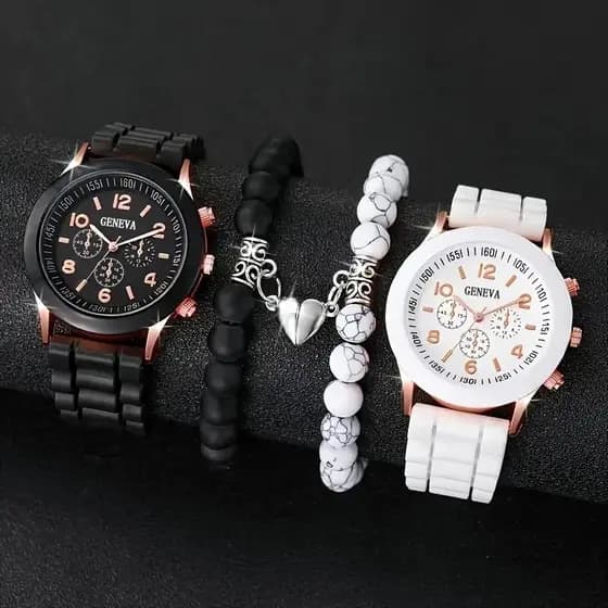 Conjunto de relógio de casal clássico de casal de moda de 4 peças/set, corações magnéticos pretos e brancos