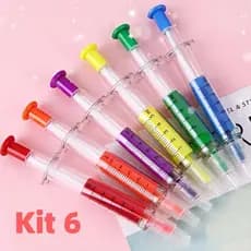 Kit 6 Canetas Marca-Texto+ Esferográfica Azul 2 em 1 Formato Seringa Criativa para Escola e Presente