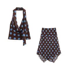 Vestido Feminino de Bolinhas com Decote Assimétrico e Gola Ondulada Slim BSNB