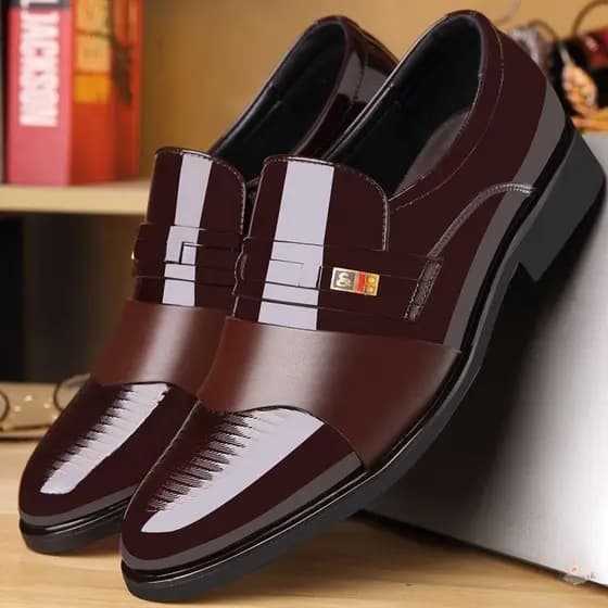Sapatos de Couro Preto Masculinos com Bico Fino, Marrom Brilhante Social para Noivo/Altura 1686 5W7S TTVI
