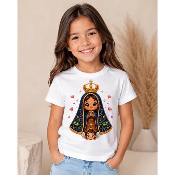 Camiseta  Infantil Católica Nossa Senhora Minimalista Premium Feminina Estilo e Fé Tshirt Camisa Religião Blusa