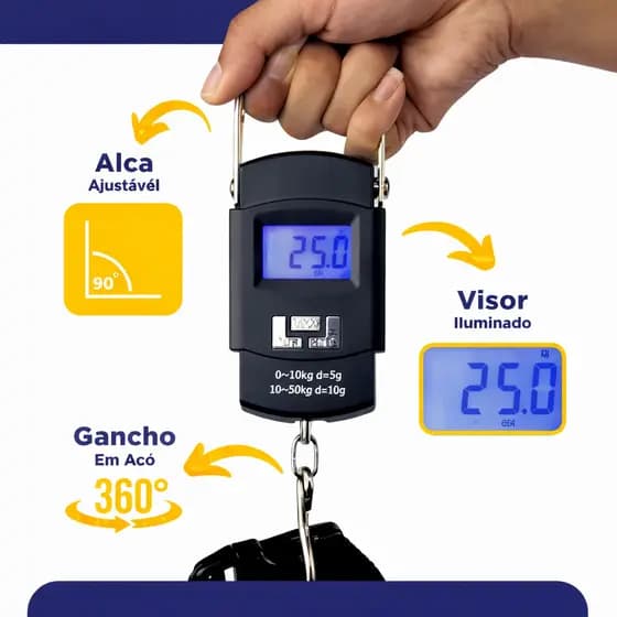 Balança Digital Portátil até 50kg com Gancho em Aço Inoxidável Display LCD e Função Tara