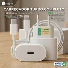 Kit Carregador iPhone Turbo 20W Fonte + Cabo USB-C Lightning Carrega Rápido Não Esquenta Anti-Aquecimento Compatível iPh