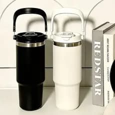 Garrafa Térmica de Água 900ml com Alça, Copo Termico Inox Parede Dupla, Tampa Flip, Mantém Quente e Frio