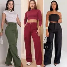 Calca Cargo Feminina  Wide leg  Alfaiateria  Cintura Alta Pantalona Social Elegante Bolsos Laterais