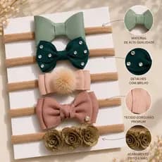 Kit Premium 5 Faixas Bebê Menina Laços E Flores Infantil Recém Nascida