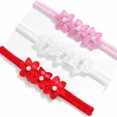 Kit 3 Faixas de Cabelo para Bebê com Flores Bordadas e Pérolas