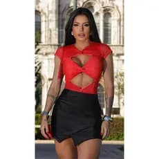 Body Feminino com Recortes Frontais Manga Curta Decote Elegantes