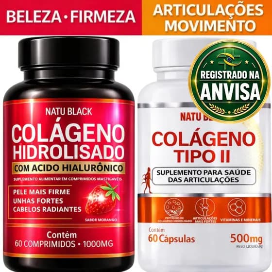 Colágeno Hidrolisado Ácido Hialurônico + Colágeno Tipo 2 Original Pele Cabelos Unhas + Articulações