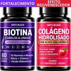 Kit Biotina Pura + Colágeno Hidrolisado + Ácido Hialurônico Alta Concentração Pele Unhas e Cabelos