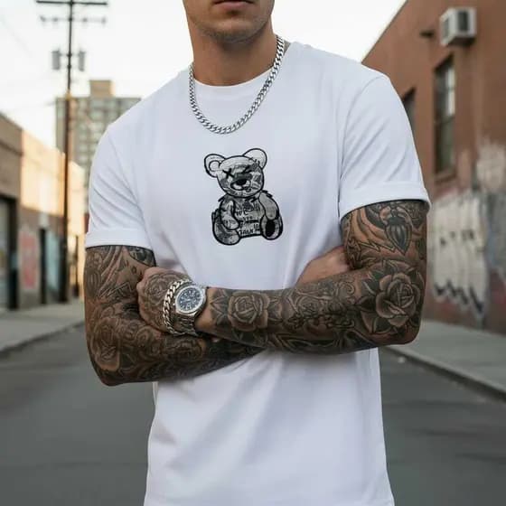 Camiseta Masculina Estampa Urso Estilo Streetwear Fio 30.1 Premium