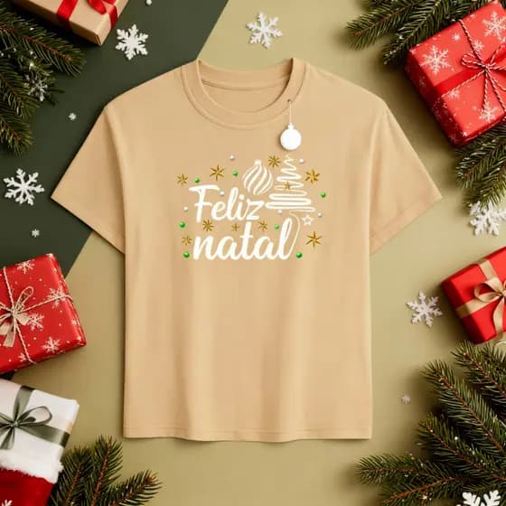 Camiseta Unissex Estampa Natalina Algodão Fio 30.1 Confortável