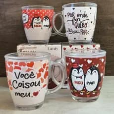 Kit 4 Caneca Dia Dos Namorados De Vidro Meu Par Pinguim Frases 380ml