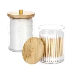 KIT 2 Porta Cotonete Algodão Acrílico com Tampa de Bambu Organização Banheiro