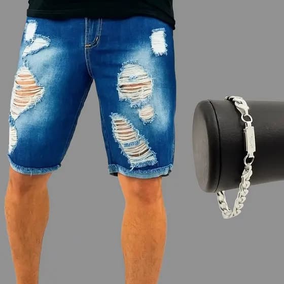 Bermuda Jeans Rasgada com lycra  + Pulseira Aço Inox Nova Envio Imediato voce escolhe as cores