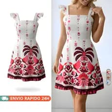 vestido feminino Rodado Feminino Estampado com Costas Abertas e Laço Decote Quadrado Soltinho