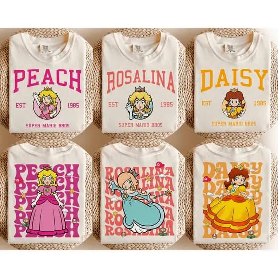 Camiseta Estilo College 100% Algodão Feminino Adulto e Infantil Princesas Jogo Super Mario Bros