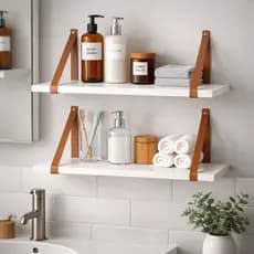 Kit 2 Prateleiras Decorativas Pra Banheiro MDF Branca Premium 60x15 cm Com Alças de Couro Decoração
