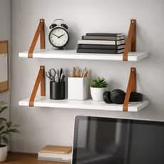 Kit 2 Prateleiras decorativas Para Escritório MDF Branca Premium 60x15 cm Com Alças de Couro