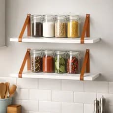 Kit 2 Prateleiras Decorativas Para Cozinha MDF Branca Premium 60x15 cm Com Alças de Couro