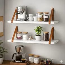 Kit 2 Prateleiras Decorativas Para Cantinho do Café MDF Branca Premium 60x15 cm Com Alças de Couro